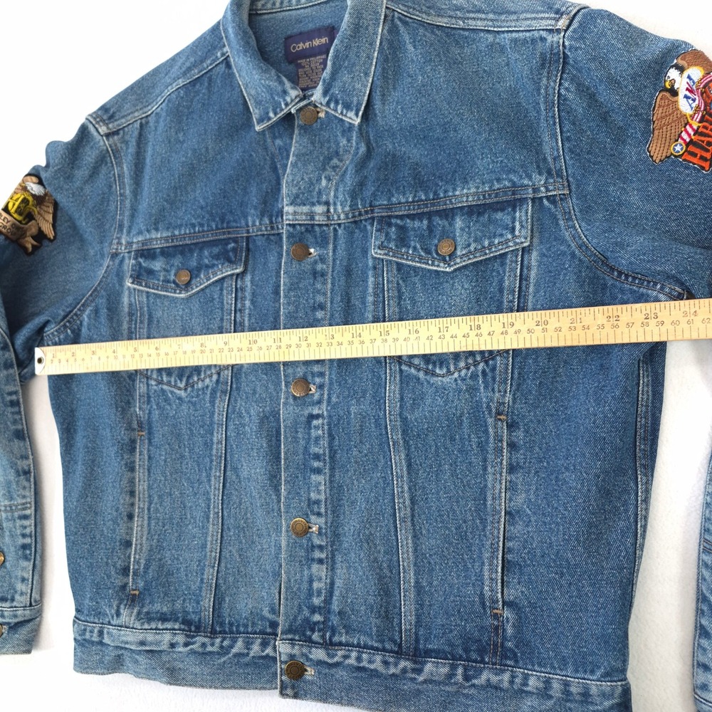 Calvin Klein Denim Jacket Blue L Harley Davidson Biker Trucker Vintage Patched - Picture 9 of 16
